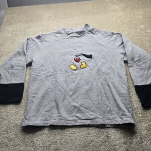 gray Disney Mickey Mouse sweatshirt with a mock neck and black cuffs